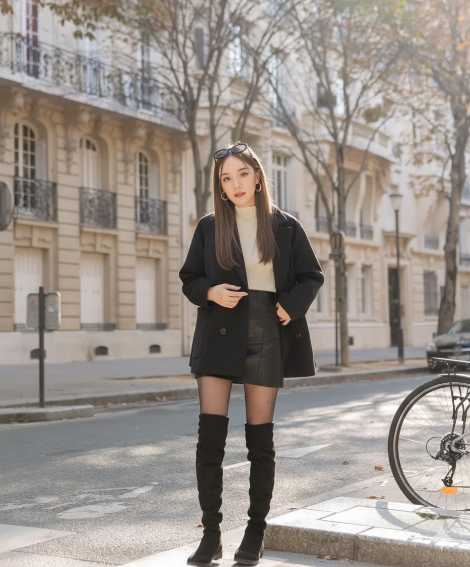 一位身穿 the.lookbook.select Wool Fit Blazer、黑色短裙和及膝長靴的女士站在城市街道上,突顯時尚與溫暖。.