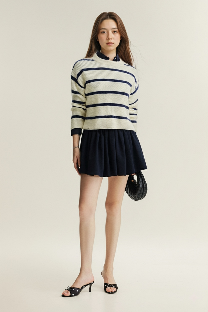 一位女士站在素色背景下,身穿 the.lookbook.select 的 June Knit Top,搭配海軍藍色短裙、黑色高跟涼鞋,手拿黑色手拿包。.