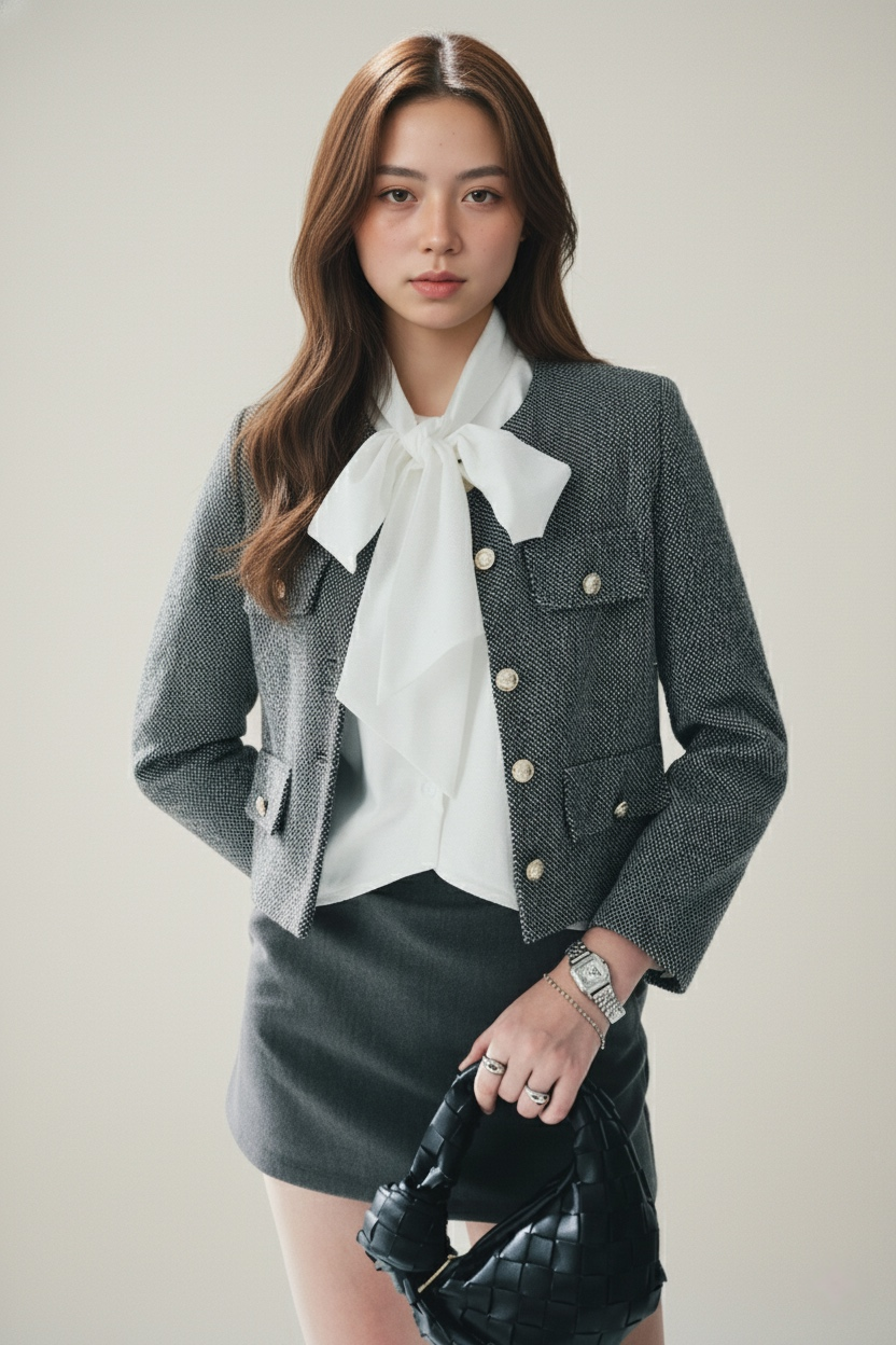 一位棕色長髮的女士為 the.lookbook.select 的經典灰色粗花呢外套做模特兒,搭配白色蝴蝶結襯衫、灰色短裙和黑色編織袋。她站在簡單的燈光背景下。.