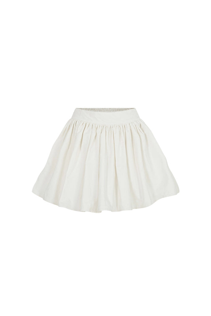 The.lookbook.select的Jesse迷你裙是一款白色及膝短裙,腰部採用彈性綁帶和褶皺喇叭設計。.