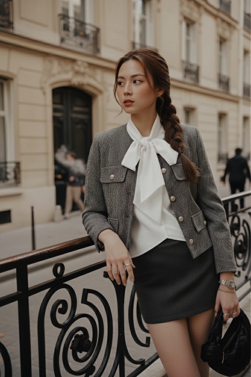 一位女士穿著 the.lookbook.select 的經典灰色粗花呢外套，站在城市街道的裝飾欄杆旁，搭配白色蝴蝶結上衣和黑色短裙。.