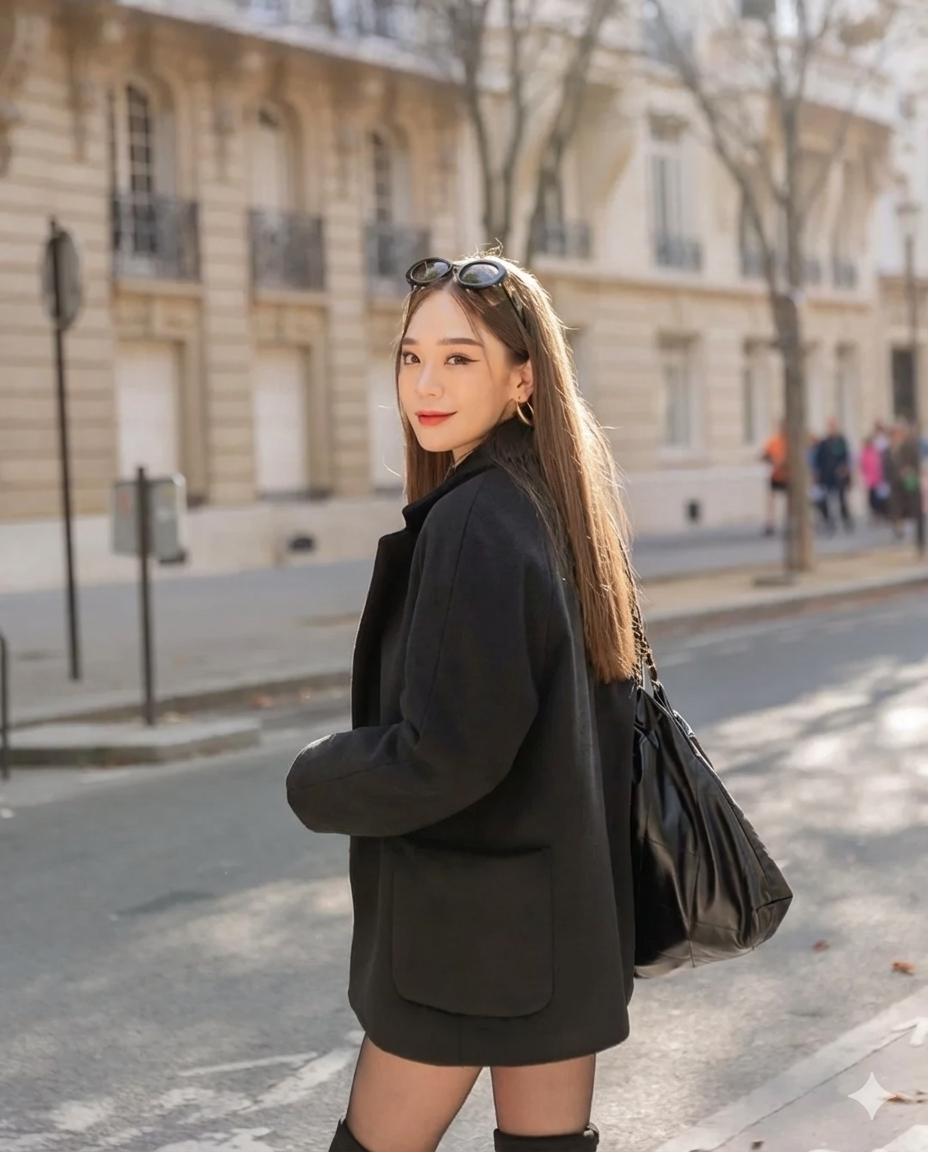 一位女士穿著 the.lookbook.select 的羊毛合身外套，挎著黑色包包，戴著太陽眼鏡，走在城市街道上，街道兩旁是淺色的建築物和光禿禿的樹木。.