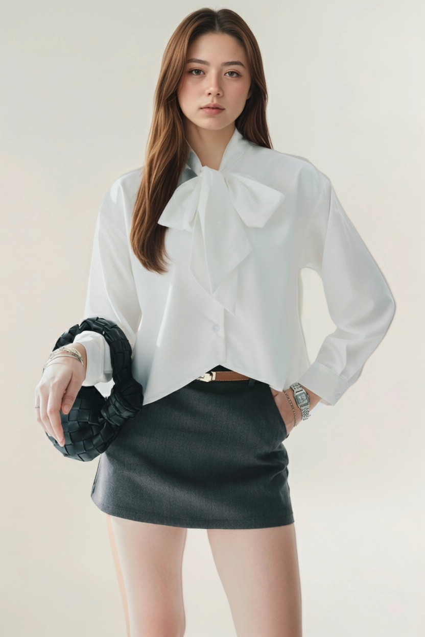 一位女士身穿 the.lookbook.select 的 Bow Cropped Shirt，搭配深色迷你裙，手持黑色編織手袋，站在素色背景下。.