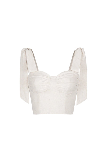 The.lookbook.select的蝴蝶結皺褶上衣採用米色剪裁設計，胸前有皺褶，肩上有蝴蝶結寬肩帶。.