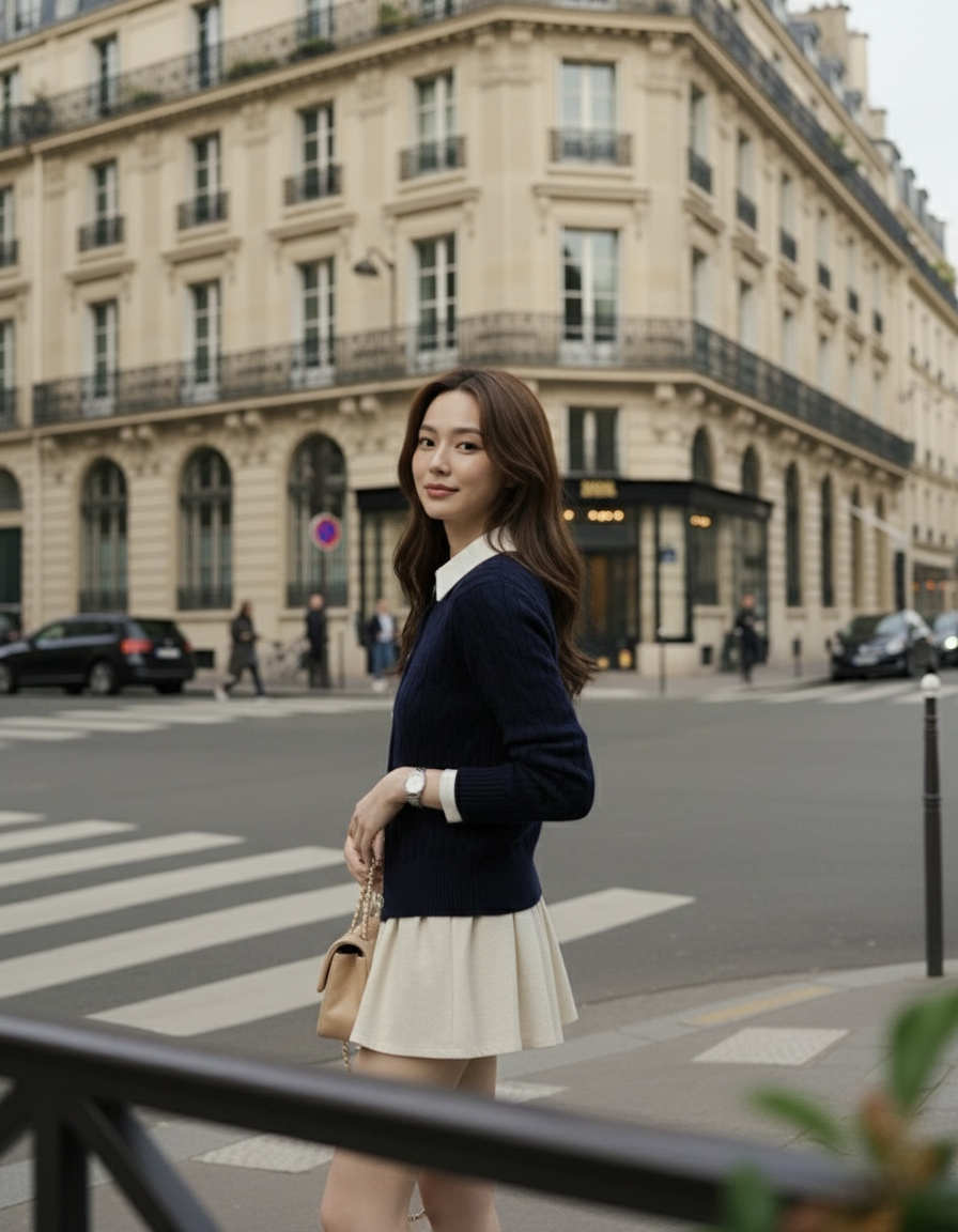 一位身穿 the.lookbook.select 的 Ruth Knit Cardigan 和白色短裙的女士站在城市街角，經典的歐洲建築為她的永恆風格創造了完美的背景。.