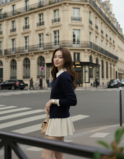 一位身穿 the.lookbook.select 的 Ruth Knit Cardigan 和白色短裙的女士站在城市街角，經典的歐洲建築為她的永恆風格創造了完美的背景。.