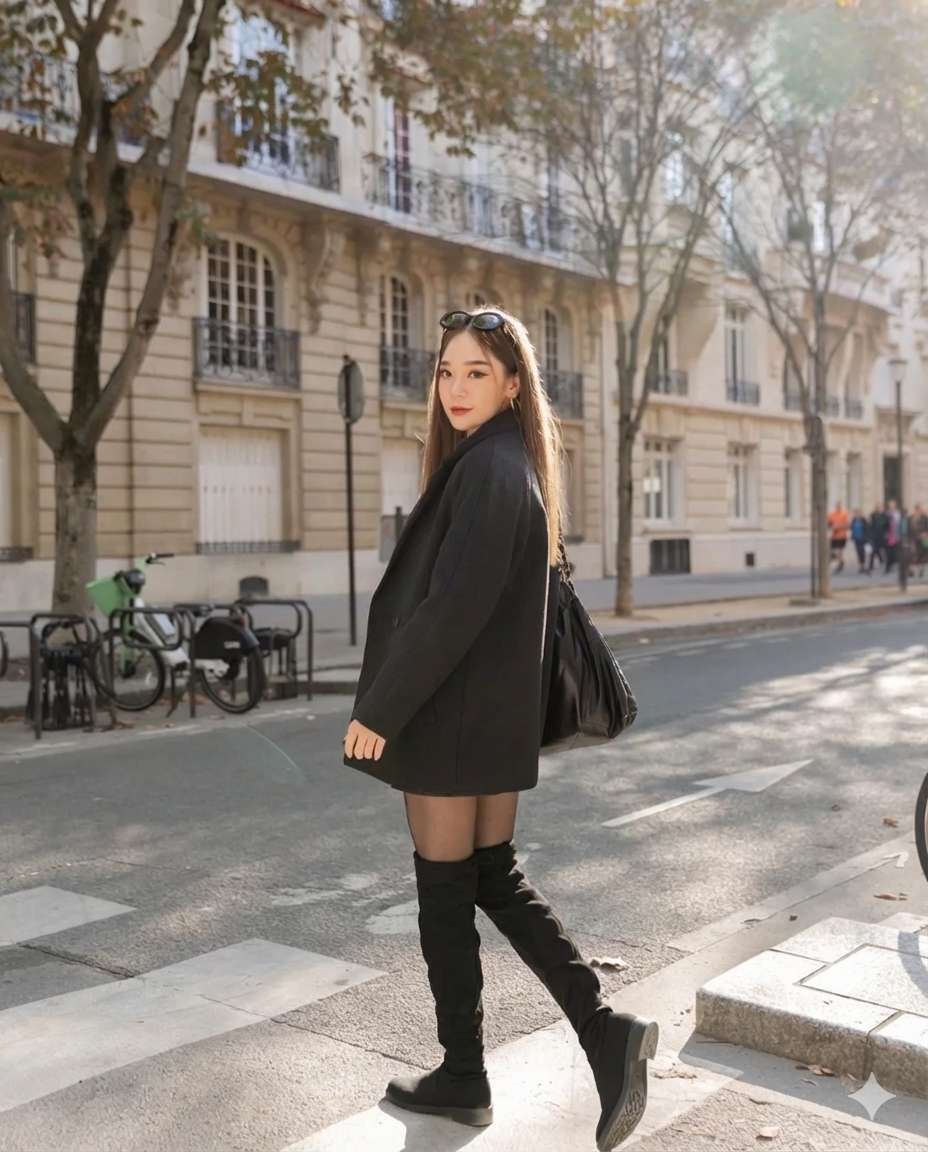 一位身著 The.lookbook.select 羊毛合身外套的女士，背著黑色包包，穿著過膝長靴，漫步在陽光普照的城市街道上，街道兩旁種滿樹木和腳踏車。.