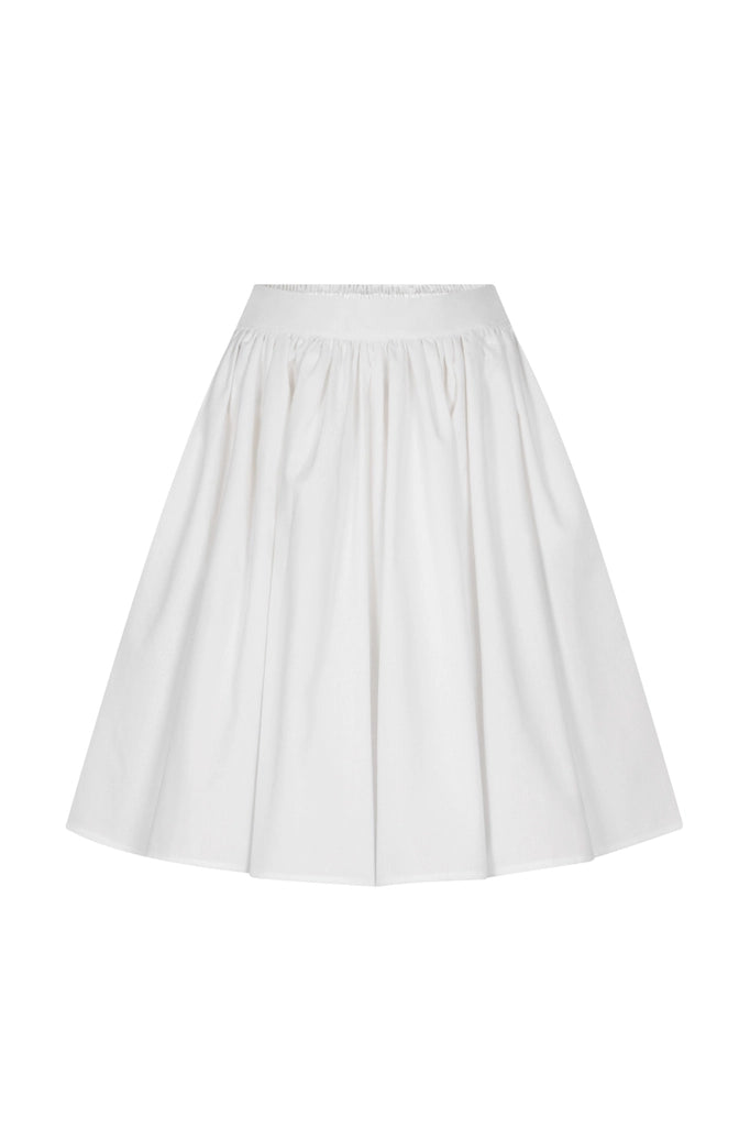 The.lookbook.select的Jesse Midi Skirt採用彈性腰帶和聚拢的白色布料，以素色背景示人。.