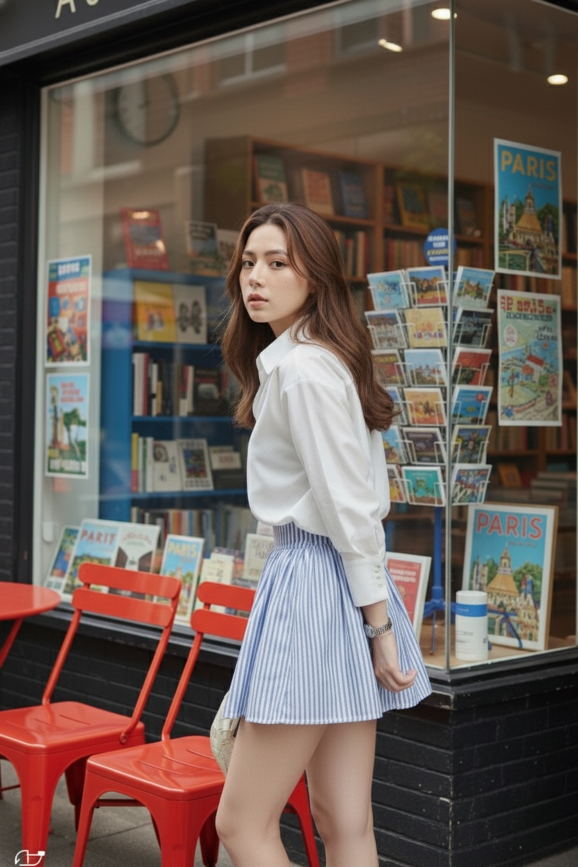 一位身穿 the.lookbook.select 的 Lady Oversized Shirt 和藍色條紋短裙的女士站在一家店外，店內有紅色椅子和明信片展示架，有些明信片上標有「巴黎」字樣。.