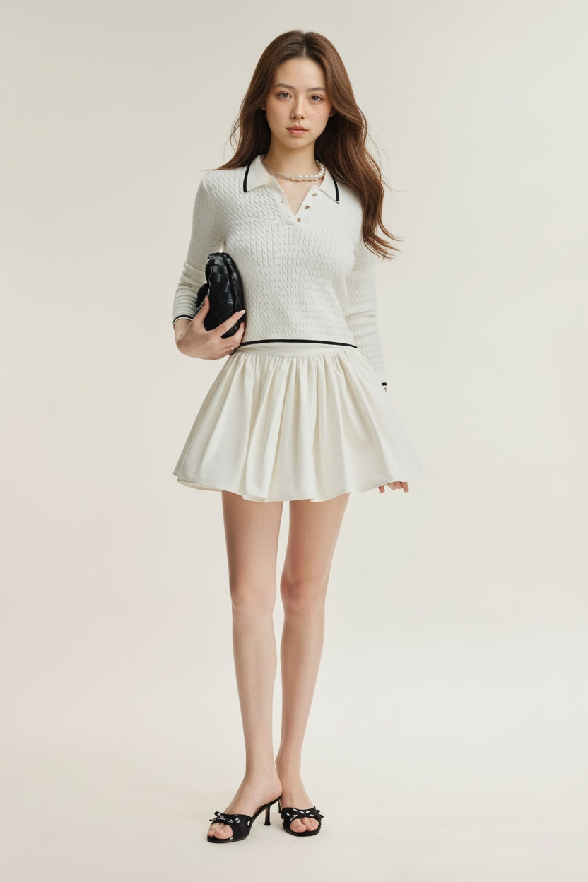 一位女士身穿 the.lookbook.select 的 Pierre 針織上衣，搭配白色喇叭裙和黑色高跟鞋，手拿黑色手拿包，站在素色背景下。.