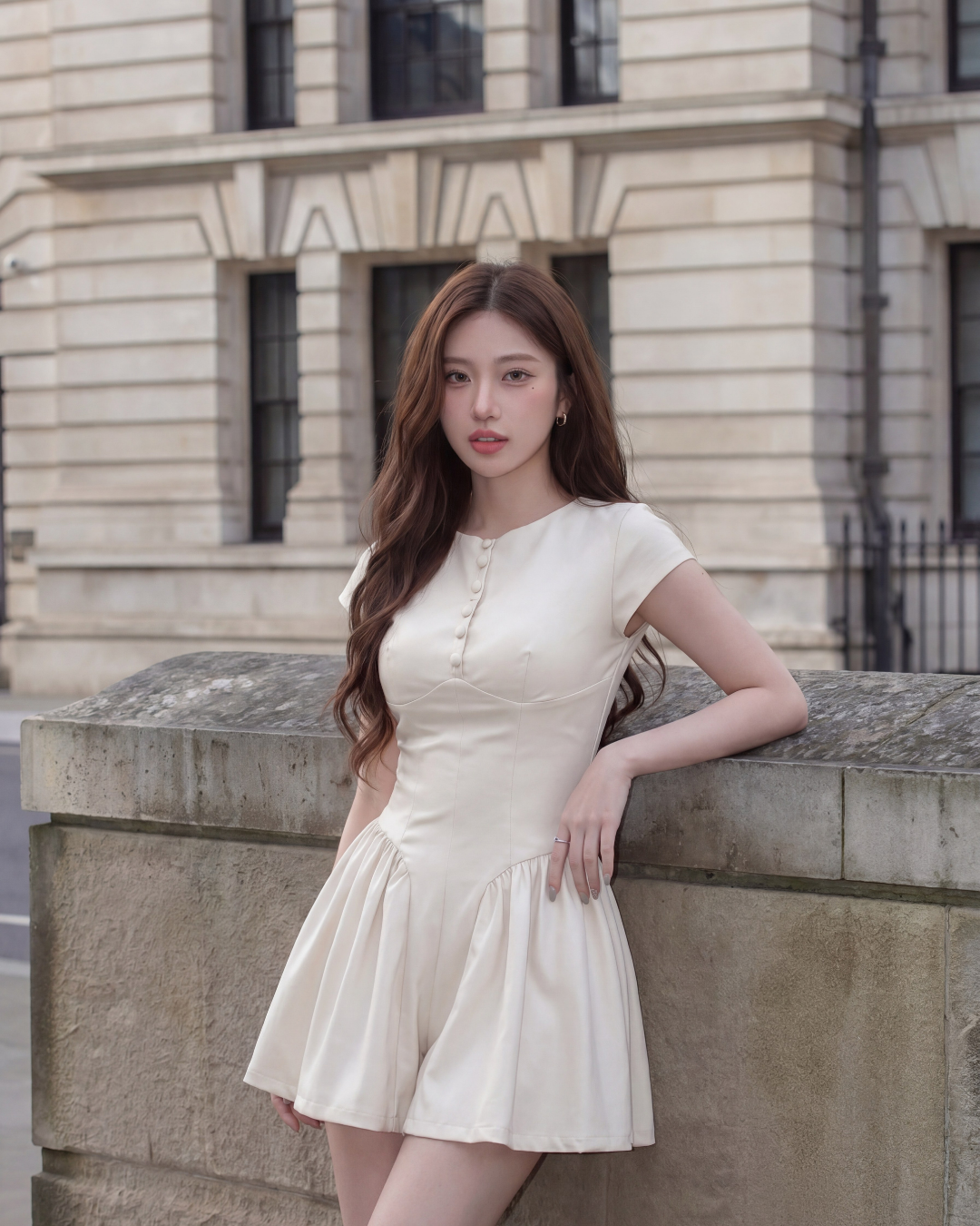 一位穿著the.lookbook.select的Berkeley褶皺連身衣的女士，在一棟有高大窗戶的古典建築前，靠著石牆擺姿勢。閕新品優惠2件9折.