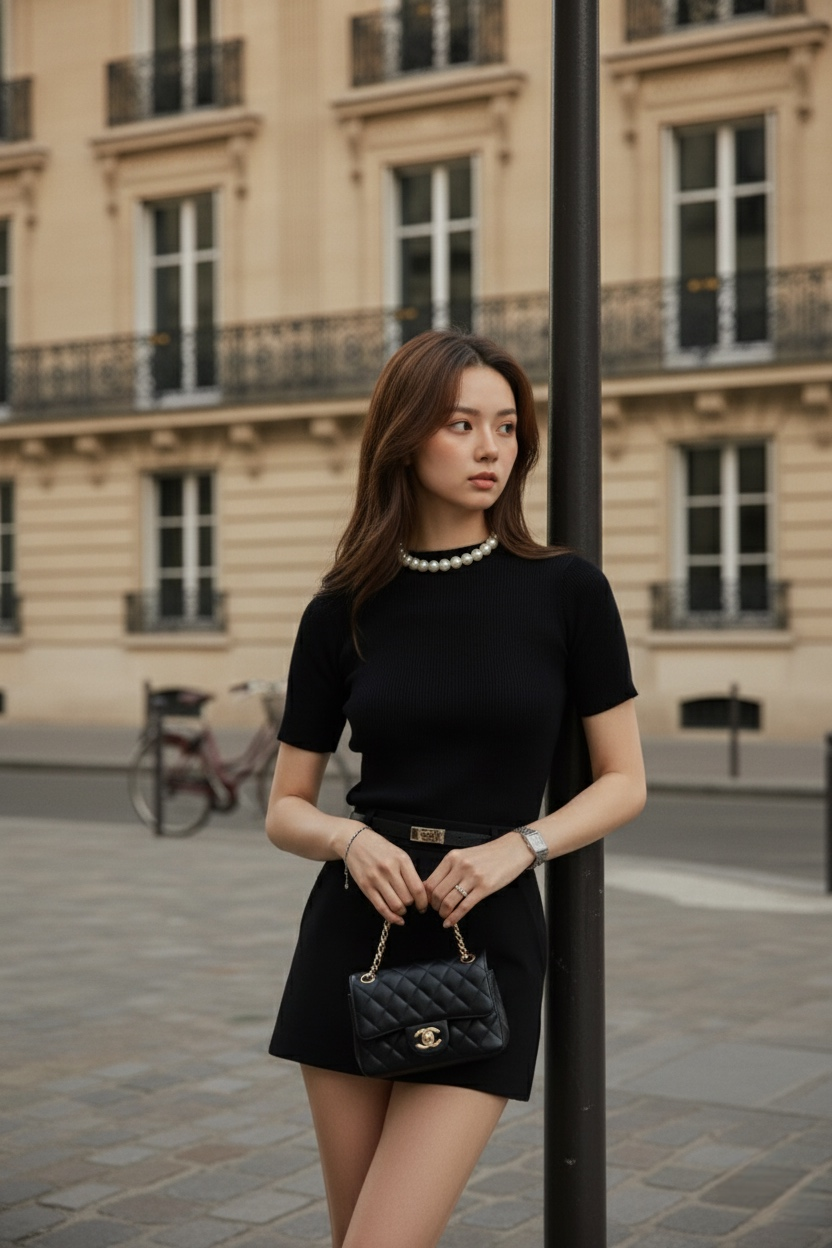 一位女士身穿黑色上衣和 the.lookbook.select Luna 迷你裙，搭配珍珠項鍊和黑色手提包，站在城市街道上，背景是米色建築和自行車。.