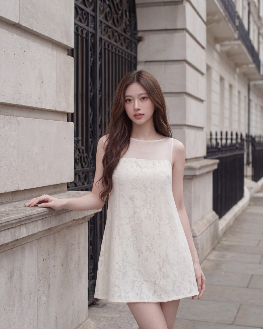 一名身穿 the.the.lookbook.select 品牌「Elysee 蕾絲迷你洋裝」的女子，站在一座帶有黑色鐵柵欄的石造建築旁，身處城市人行道上。.