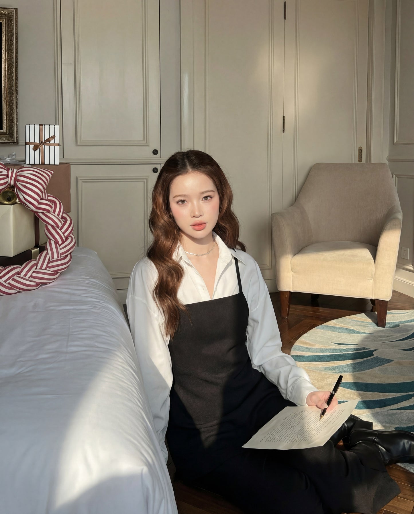 在一個陽光普照的房間裡，一位棕色長髮的女士坐在床邊的地板上，她穿著 the.lookbook.select 的 Moet Pants Set，手持紙和筆，背景是米色的牆壁和一把椅子。.