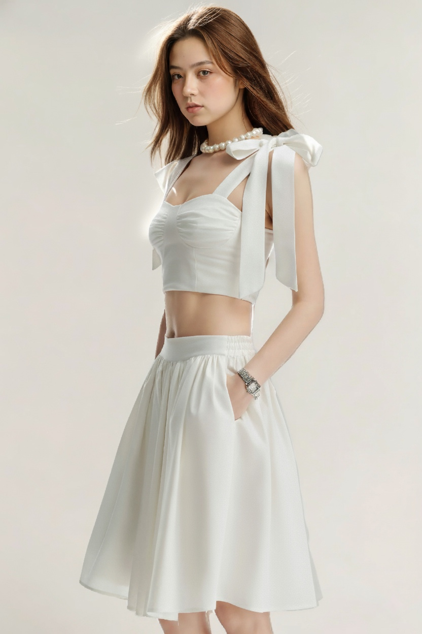 一位女士身穿 the.lookbook.select 的 Bow Ruffle Top 和同款及膝短裙，配戴珍珠項鍊和手錶，站在淺色背景下。.