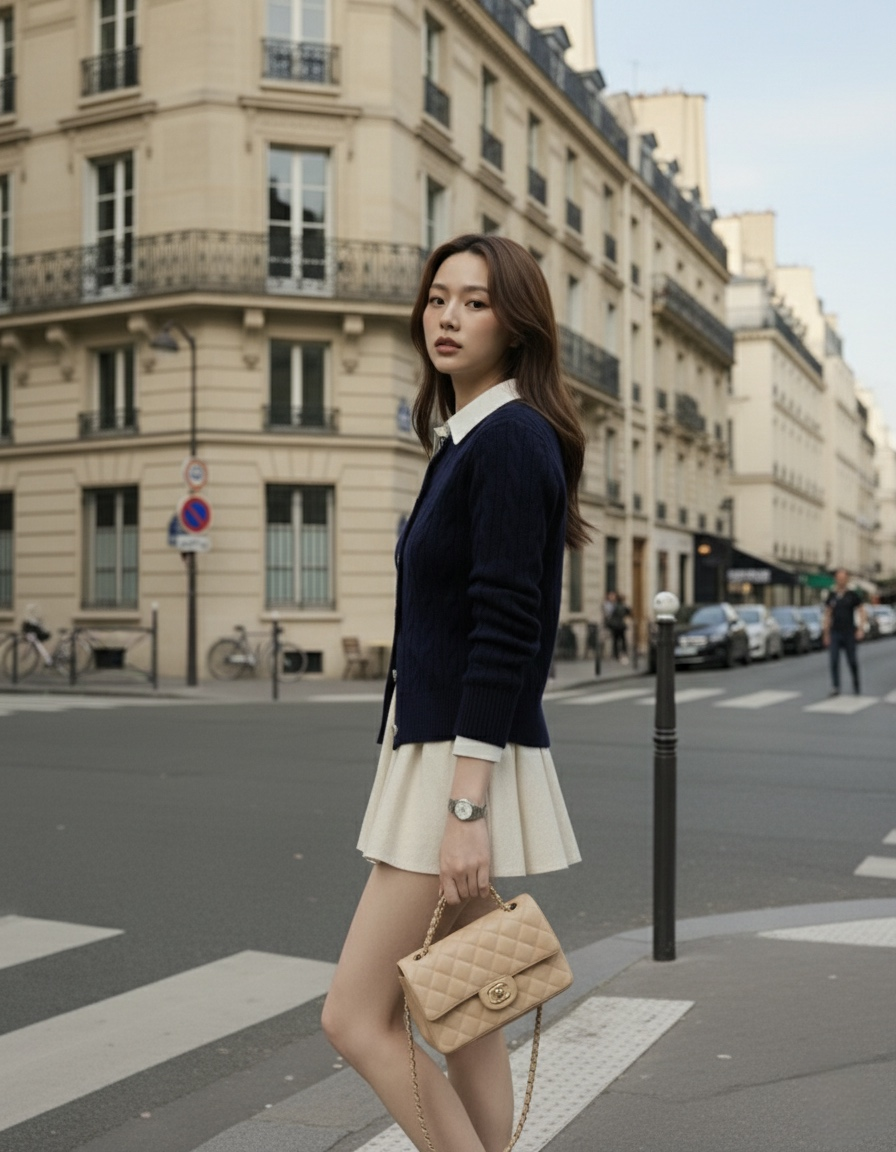 一位女士站在城市街角，身穿 the.lookbook.select 的深藍色 Ruth 針織開襟衫，搭配白色短裙和米色菱格紋手提包。背景是巴黎風格的建築物。.