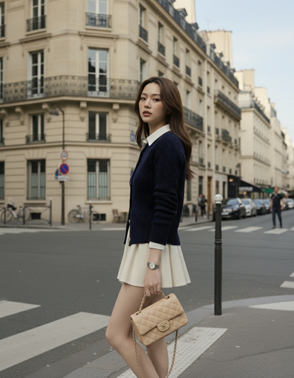 一位女士站在城市街角，身穿 the.lookbook.select 的深藍色 Ruth 針織開襟衫，搭配白色短裙和米色菱格紋手提包。背景是巴黎風格的建築物。.