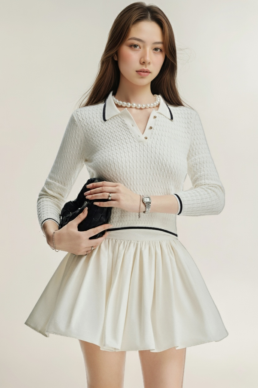 一位女士穿著 the.lookbook.select 的 Pierre 針織上衣和白色短裙，配戴珍珠項鍊和手錶，手拿黑色手拿包。.
