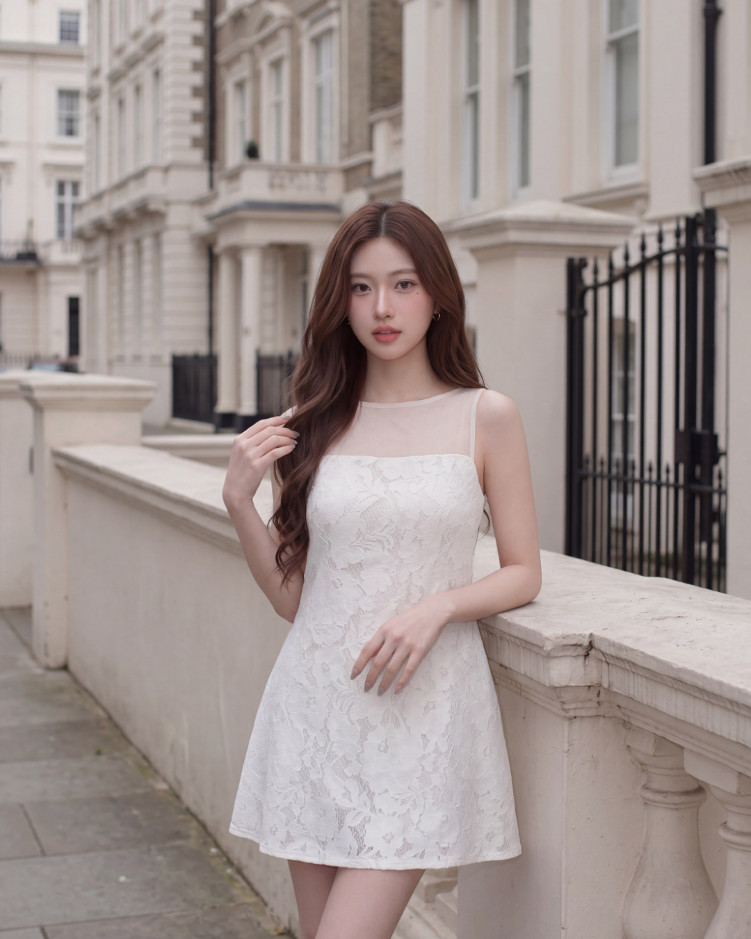 一位留著長棕髮的女子身穿由 the.lookbook.select 推出的「Elysee 蕾絲迷你洋裝」，佇立在兩旁盡是白色建築物的城市街道上，身後是石製欄杆。.