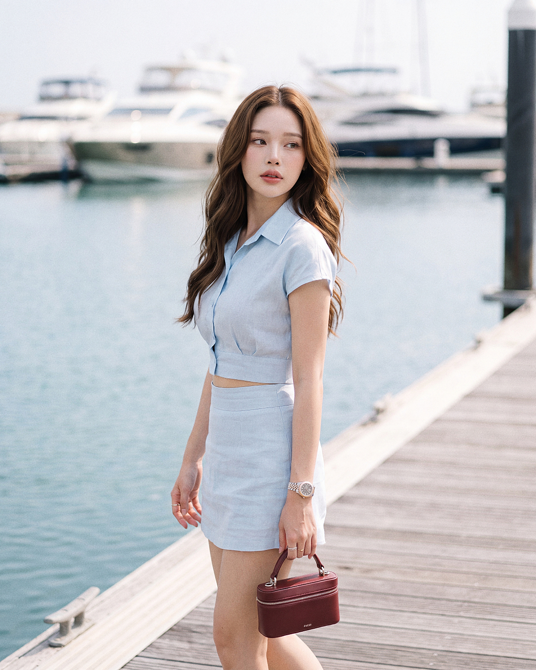 一位女子身穿 the.lookbook.select 的「Breeze 亞麻套裝」，站在水邊的碼頭上，手拿一個小巧的酒紅色手提包，背景中可見遊艇。.