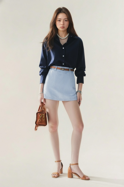 一位女士身穿 the.lookbook.select 的 Lady Oversized Shirt，搭配藍白條紋迷你裙、棕色皮帶、棕褐色高跟鞋，手持棕色手提包，站在淺色背景下。.
