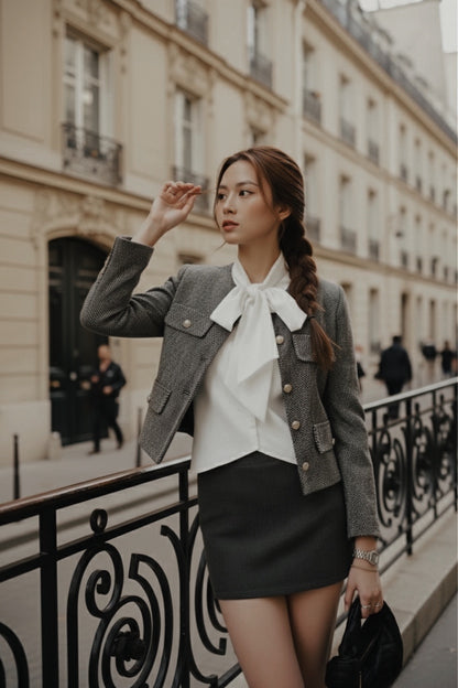 一位女士穿著 the.lookbook.select 的經典灰色粗花呢外套，搭配白色蝴蝶結襯衫、黑色短裙，站在城市的人行道上，旁邊是鍛造的鐵欄桿和古典建築。.