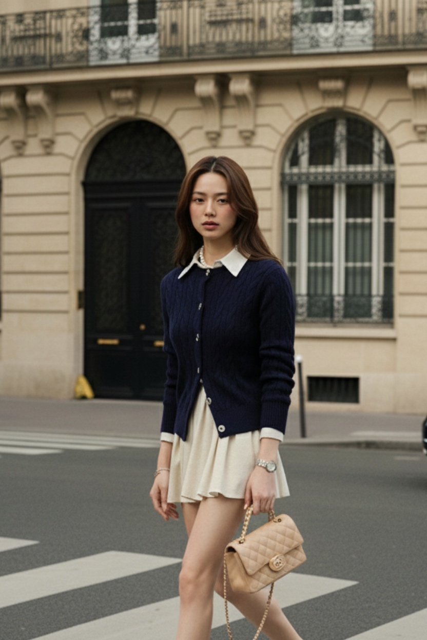 一位女士穿著 the.lookbook.select 的 Ruth Knit Cardigan (深藍色) 和奶油色短裙，拎著米色菱格包走過城市街道，她的風格與拱形窗戶和華麗陽台的舊時代背景相得益彰。.