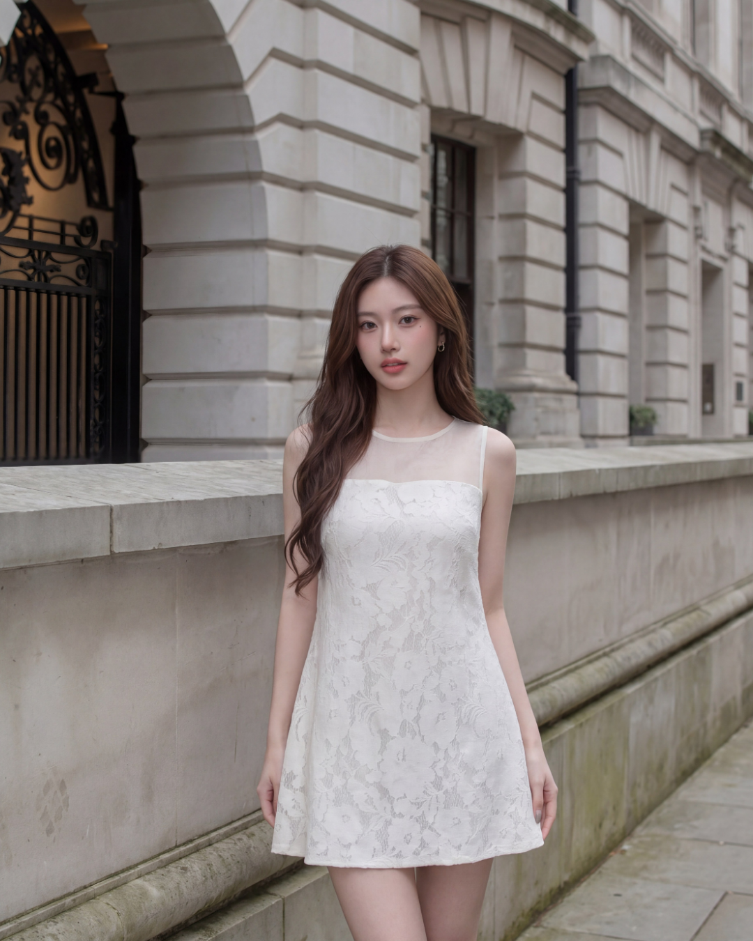 一位身穿 the.lookbook.select「Elysee 蕾絲迷你洋裝」的女子，佇立在一座擁有拱形窗戶和黑色金屬大門的石造建築旁，為這迷人的場景增添了一抹優雅氣息。.