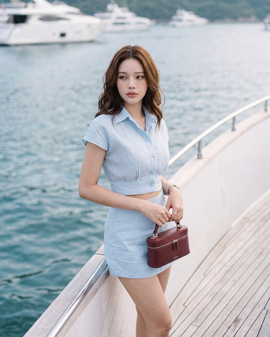一名女子身穿 the.lookbook.select 的「Breeze 亞麻套裝」💌新品優惠：買兩件享九折（淺藍色），站在遊艇甲板上，手拿酒紅色手提包，背景可見水面與船隻。.
