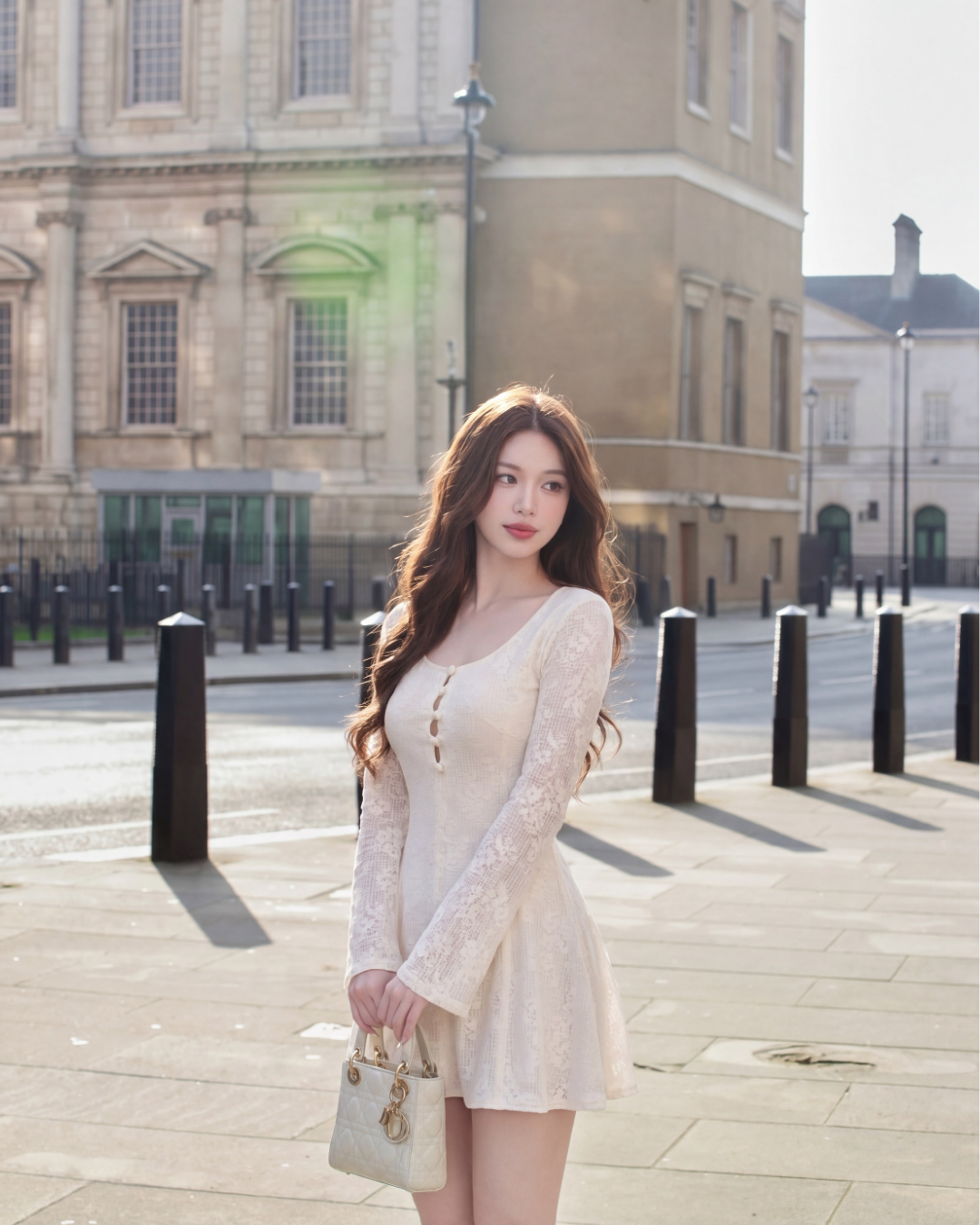 一位身穿 the.lookbook.select 的 Verse 蕾絲迷你裙的女士站在陽光普照的城市人行道上，身後是歷史悠久的建築物，手上拿著一個小手包。.