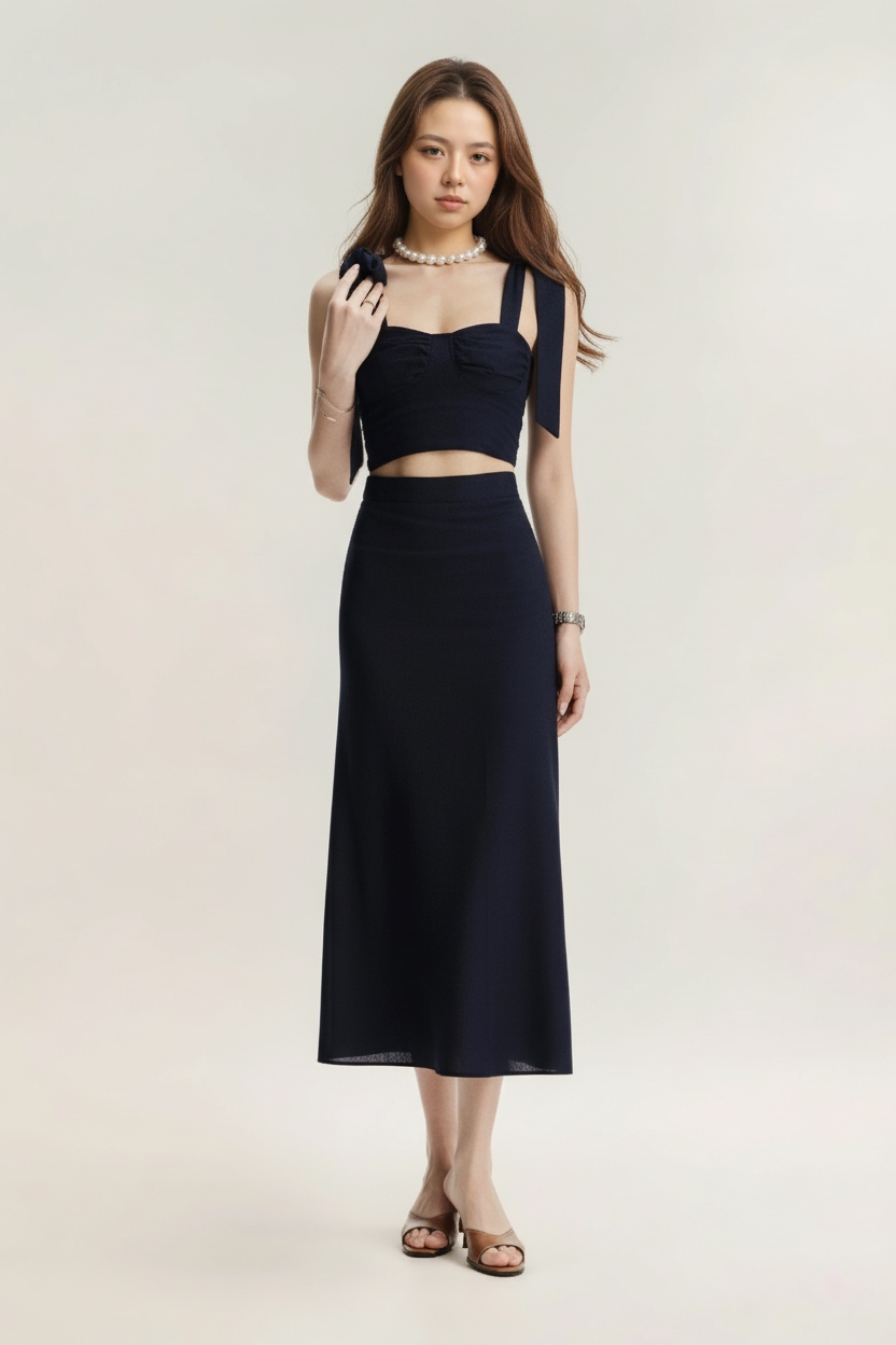 一位女士身穿 the.lookbook.select 的 Bow Ruffle Top，搭配海軍藍色長裙、珍珠項鍊、手鐲和涼鞋，以素色為背景，面朝前方。.