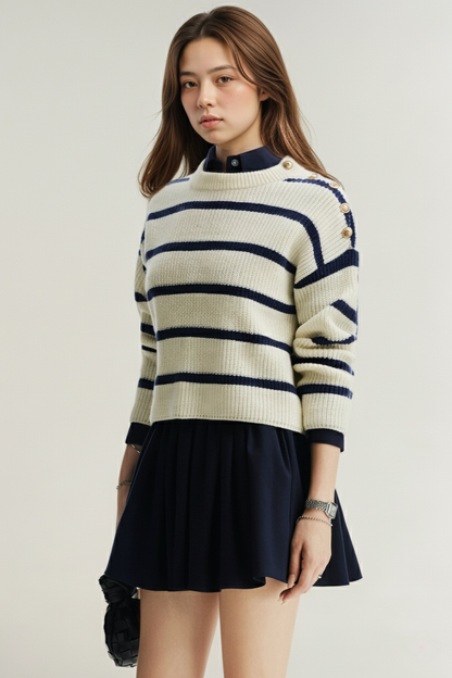 一位女士穿著 the.lookbook.select 的 Jesse 迷你裙，搭配奶油色與深藍色條紋毛衣和襯衫，在素色背景下手持黑色小物。.