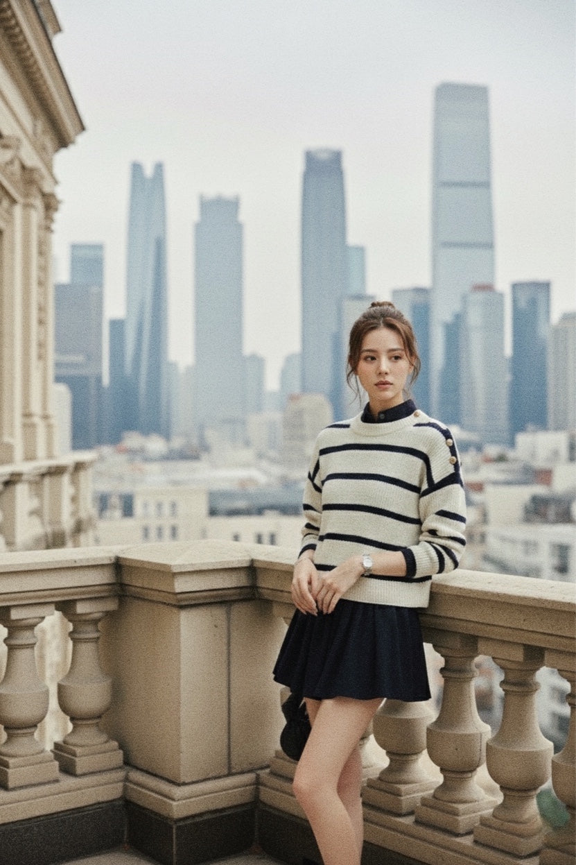 一位身穿 the.lookbook.select 的 June 針織上衣搭配金色鈕扣和深色短裙的女性站在陽台上，凝視著現代城市的天際線。.