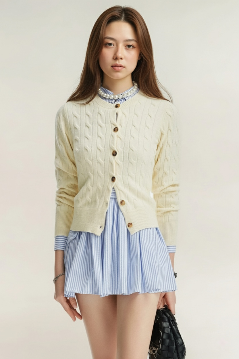 一位女士面對鏡頭，身穿 the.lookbook.select 的 Moiselle 襯衫連衣裙和奶油色線織開襟衫，手拿黑色編織手提包。.