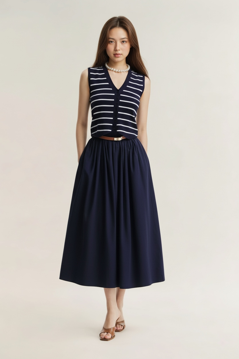 一位女士面朝前方站著，雙手插在口袋裡，身穿 the.lookbook.select 的 Jesse Maxi Skirt 和無袖海軍藍白條紋上衣，搭配涼鞋和項鍊，背景為中性色調。.