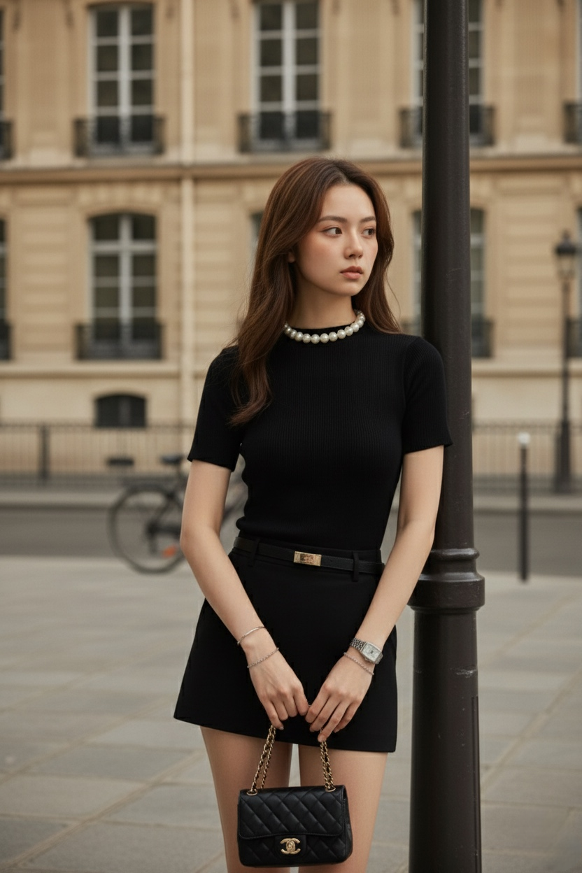 一位身穿黑色服裝、配戴珍珠項鍊和黑色手提包的女士站在戶外，the.lookbook.select 的高腰 Luna 迷你裙提升了她的氣質，完美勾勒出她的身材比例，她站在一棟米色建築物前。.