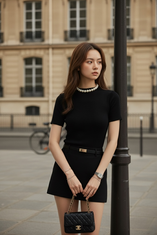 一位身穿黑色服裝、配戴珍珠項鍊和黑色手提包的女士站在戶外，the.lookbook.select 的高腰 Luna 迷你裙提升了她的氣質，完美勾勒出她的身材比例，她站在一棟米色建築物前。.