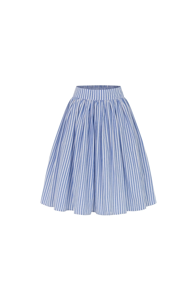 The.lookbook.select的Jesse Midi Skirt採用藍白垂直條紋、A字剪裁和彈性腰帶，以白色為底。.