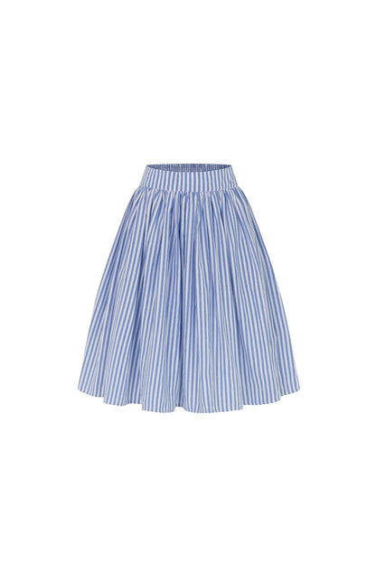 The.lookbook.select的Jesse Midi Skirt採用藍白垂直條紋、A字剪裁和彈性腰帶，以白色為底。.