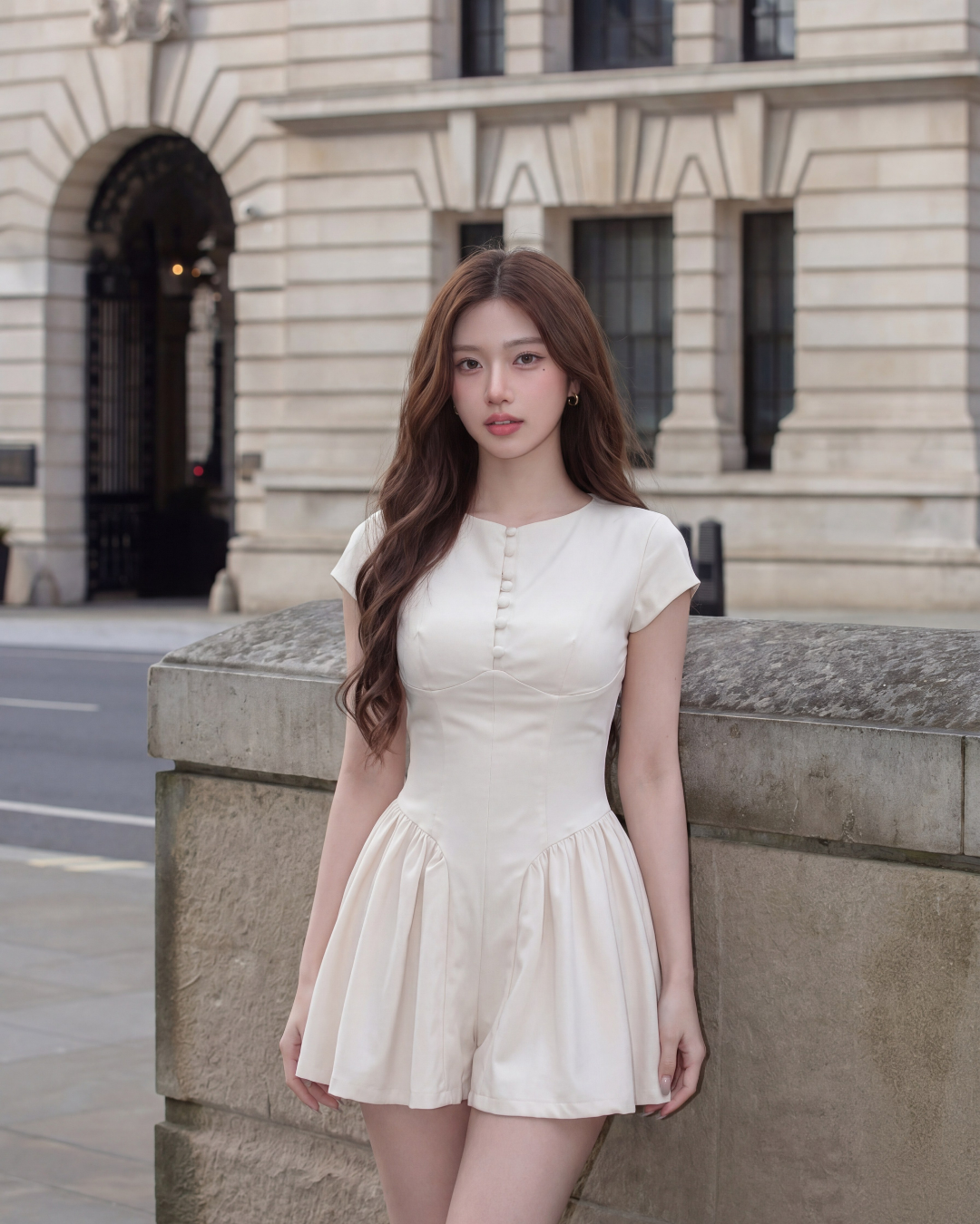 一位棕色長髮的女士穿著 the.lookbook.select 的 Berkeley Pleat 連身衣，站在石牆和歷史建築前。.
