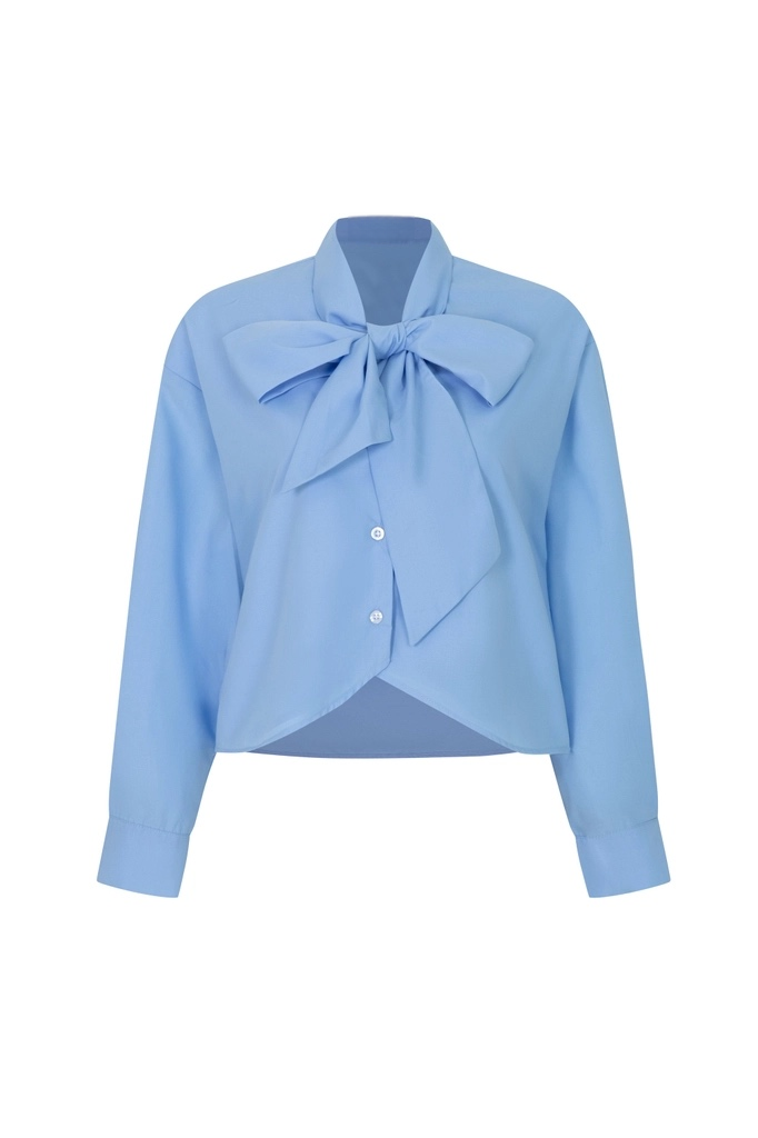 The.lookbook.select的蝴蝶結寬鬆襯衫是一件淺藍色的長袖上衣，頸部有一個大蝴蝶結，前襟有鈕扣，袖口有袖口。.