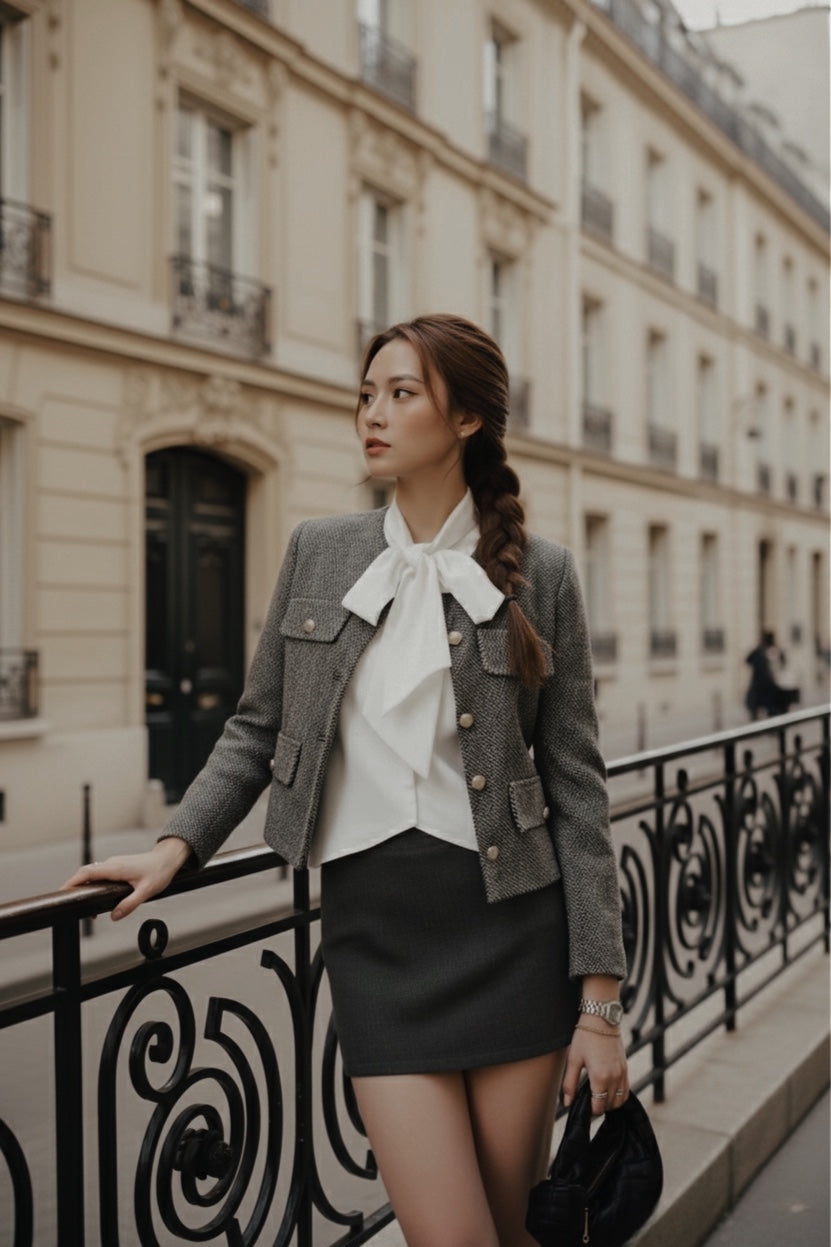 在米色建築林立的城市街道上，一位身穿 the.lookbook.select 的經典灰色粗花呢外套的女士站在裝飾性欄杆旁，她穿著白色蝴蝶結上衣和黑色短裙。.