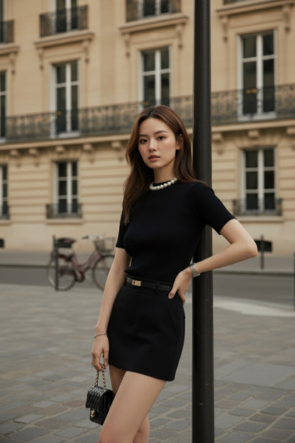 一位身穿黑色服裝、戴著珍珠項鍊的女性站在城市街道上，手上拿著一個小手包。她穿著 the.lookbook.select 的 Luna 迷你裙，身材姣好，身後是腳踏車和大窗戶的建築物。.