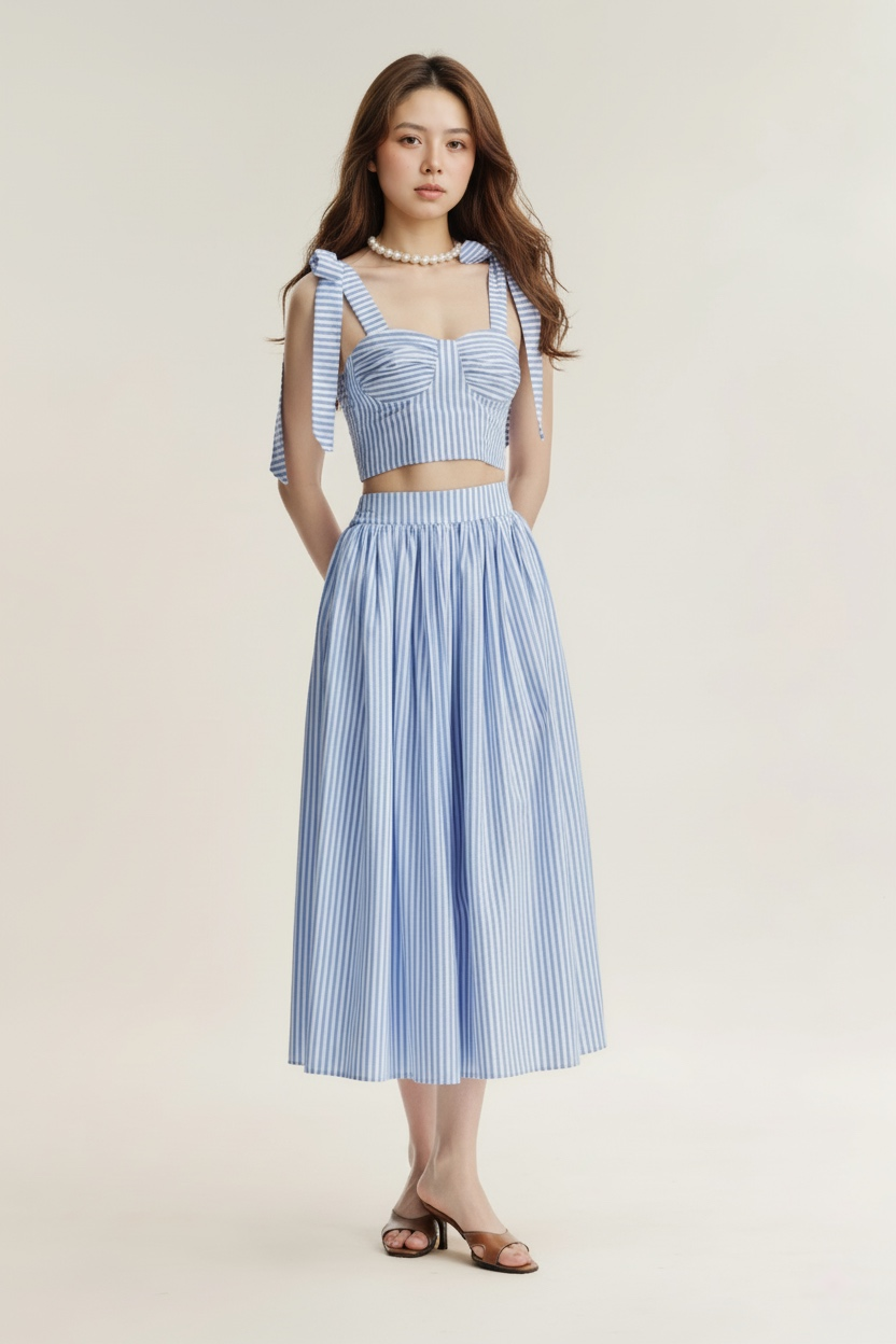 一位女士穿著.lookbook.select Jesse Maxi Skirt，搭配藍白條紋無袖束帶蝴蝶結上衣、涼鞋和珍珠項鍊。.