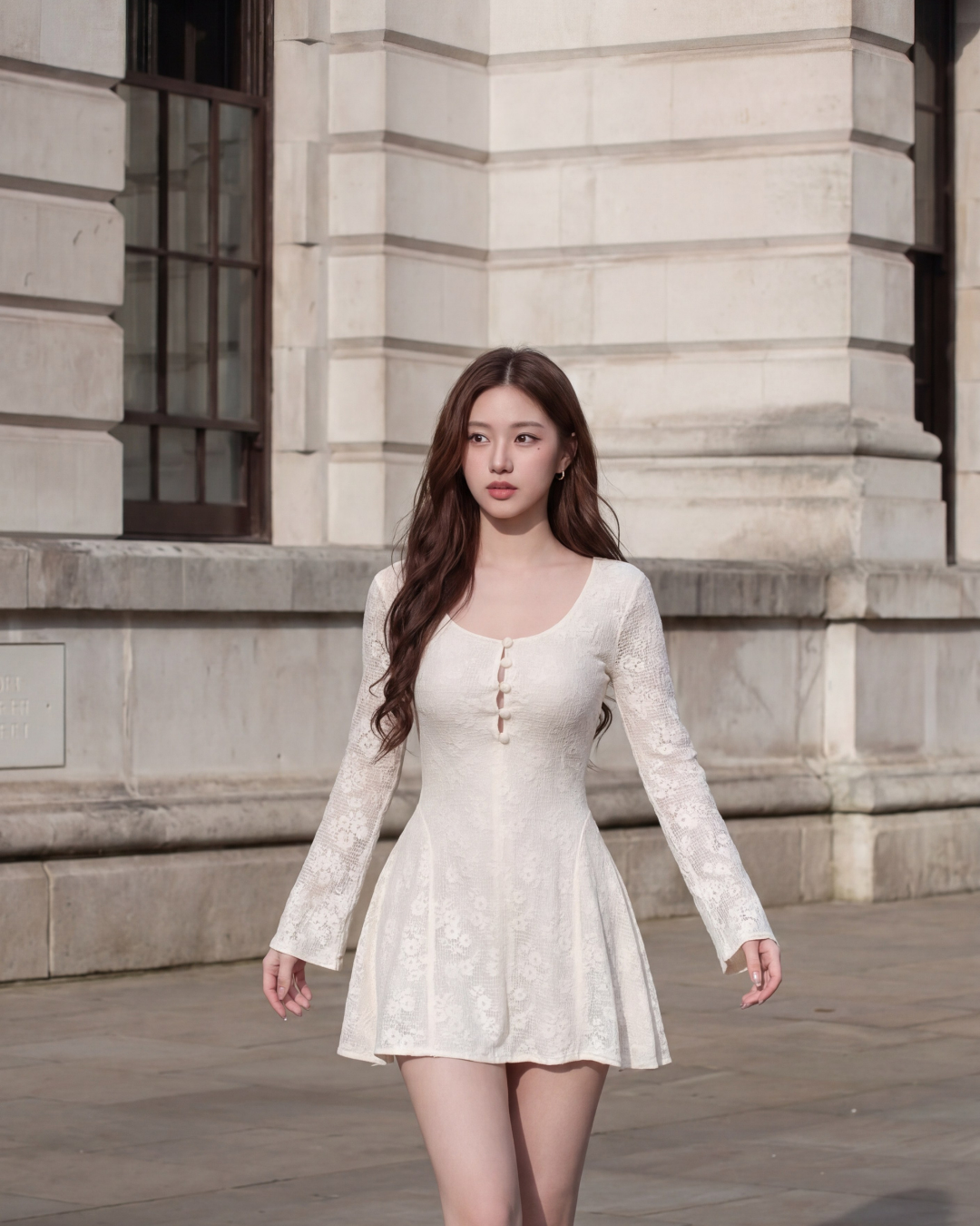一位女士穿著the.lookbook.select的Verse Lace Minidress 🌙新品優惠2件9折，一件長袖白色蕾絲連身裙，走在戶外一棟有大窗戶的石造建築前。.