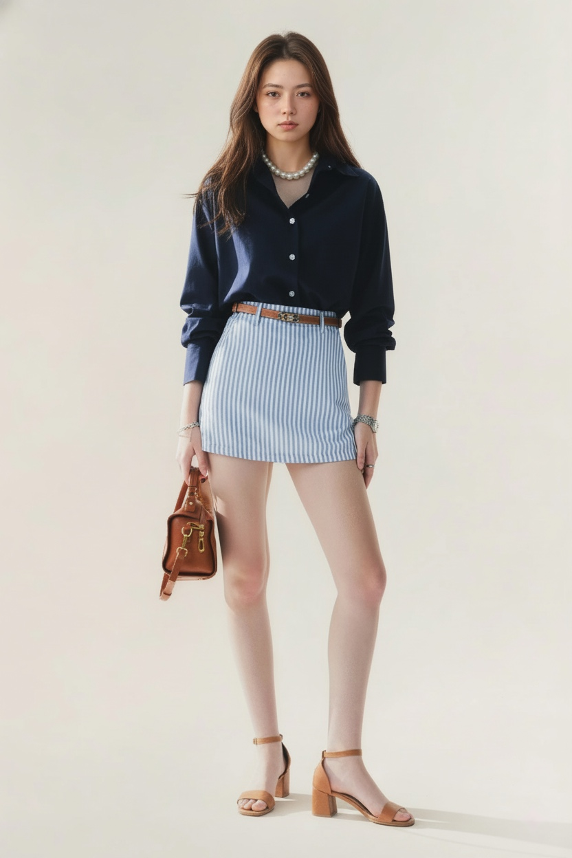 一位女士身穿 the.lookbook.select 的 Luna 迷你裙，搭配海軍藍色鈕扣襯衫、棕褐色高跟鞋和棕色皮帶，手持棕色手提包，站在素色背景中。.