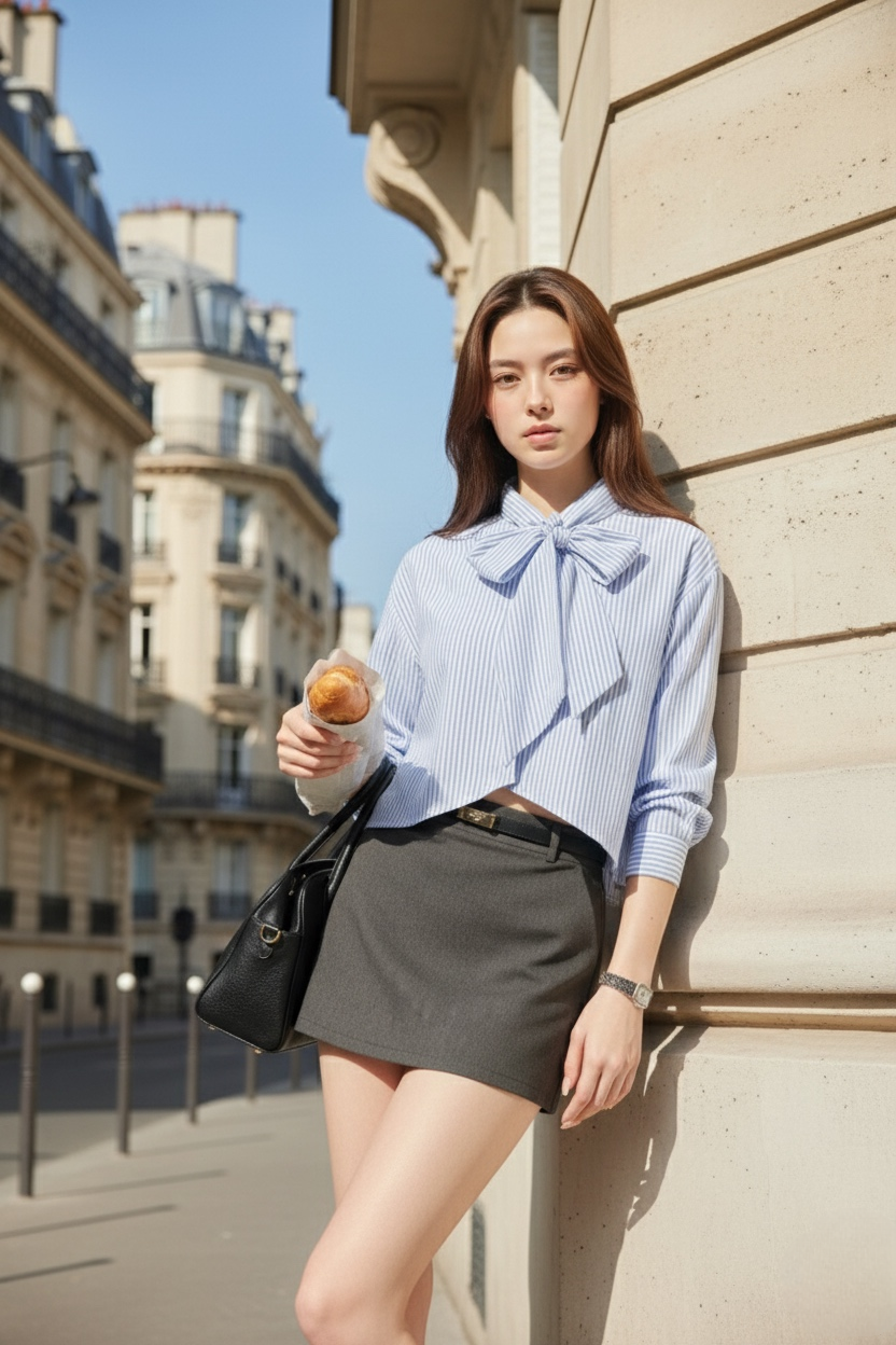 一位身穿 the.lookbook.select Bow Cropped Shirt 和黑色短裙的女士站在建築牆邊，手拿糕點，背景是城市建築。.
