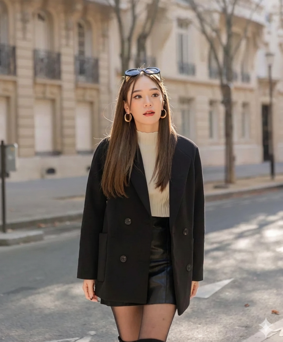 一位留著長髮的女士穿著 lookbook.select Wool Fit Blazer、乳白色上衣、黑色短裙，頭戴太陽眼鏡，走在城市街道上，她毫不費力的時髦造型既時尚又溫暖。.