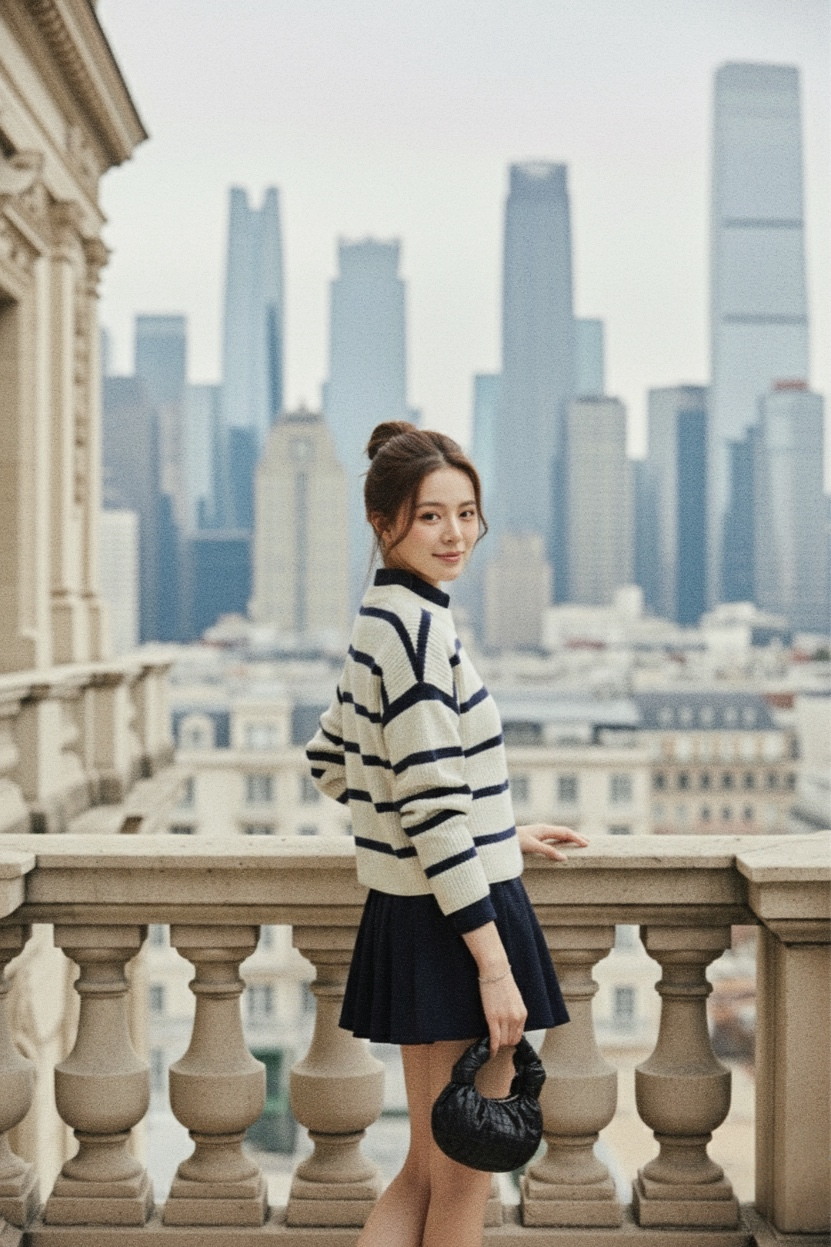 穿著 the.lookbook.select 的 June Knit Top，一位女士站在陽台上，背後是城市的天際線，手上拿著黑色袋子。.