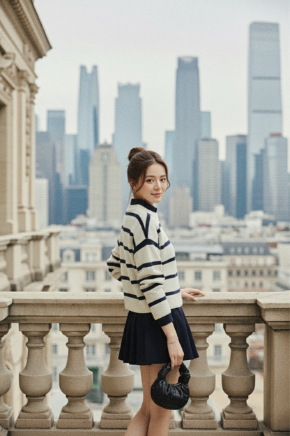 穿著 the.lookbook.select 的 June Knit Top，一位女士站在陽台上，背後是城市的天際線，手上拿著黑色袋子。.